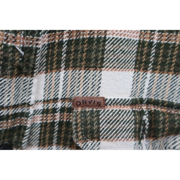 Orvis Mens L/G Plaid Flannel Button-Up Shirt Green & Cream Cotton Outdoors Camp - Picture 4 of 16
